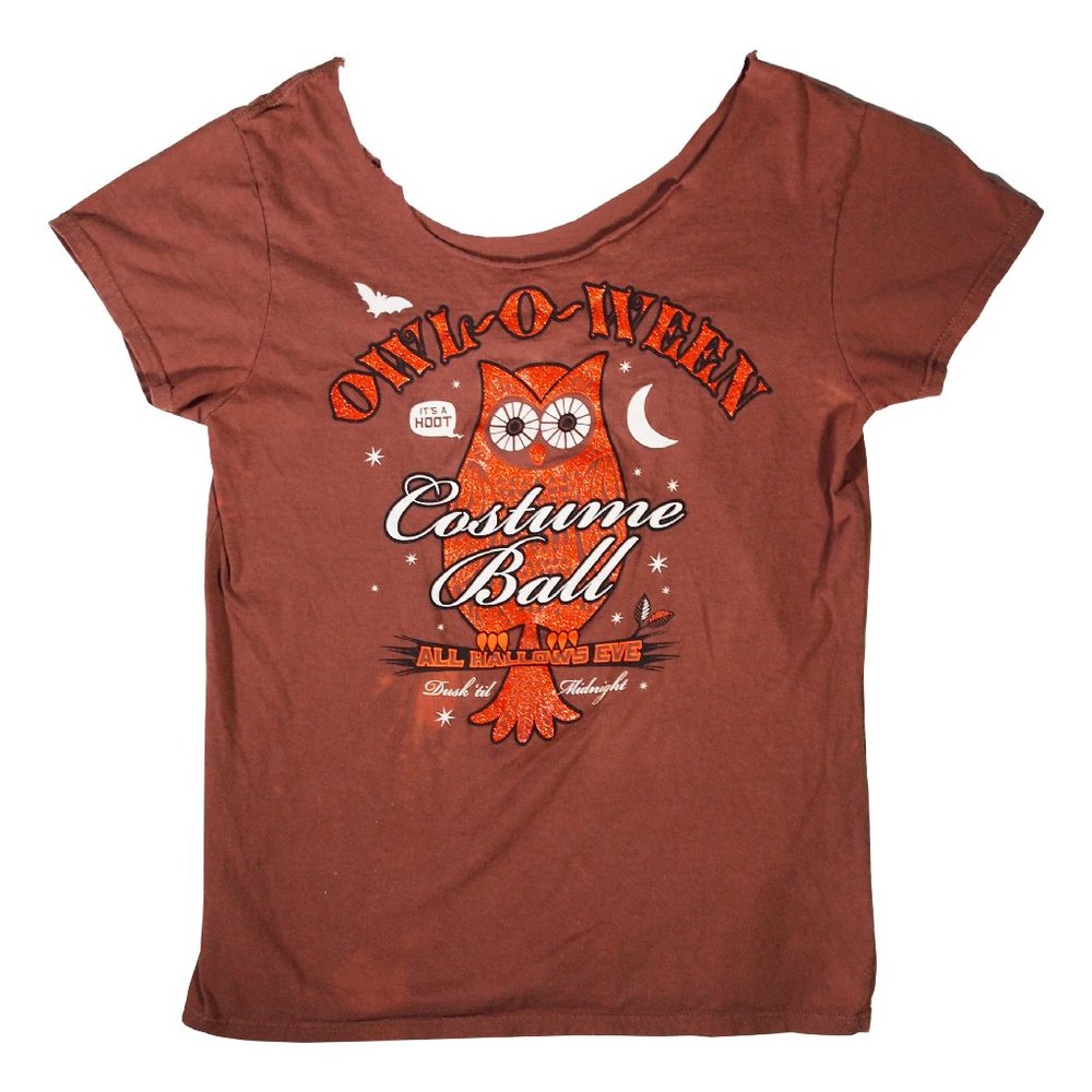Owl-o-Ween T-shirt, Ladies size Medium, Brown, Orange Glitter, Halloween Graphic